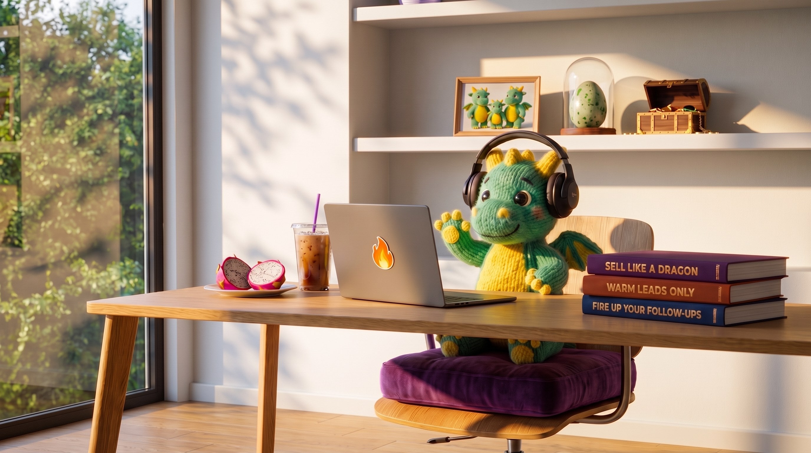 Weezly, the knitted baby dragon, waving at a customer on a video call from his sunlit home office