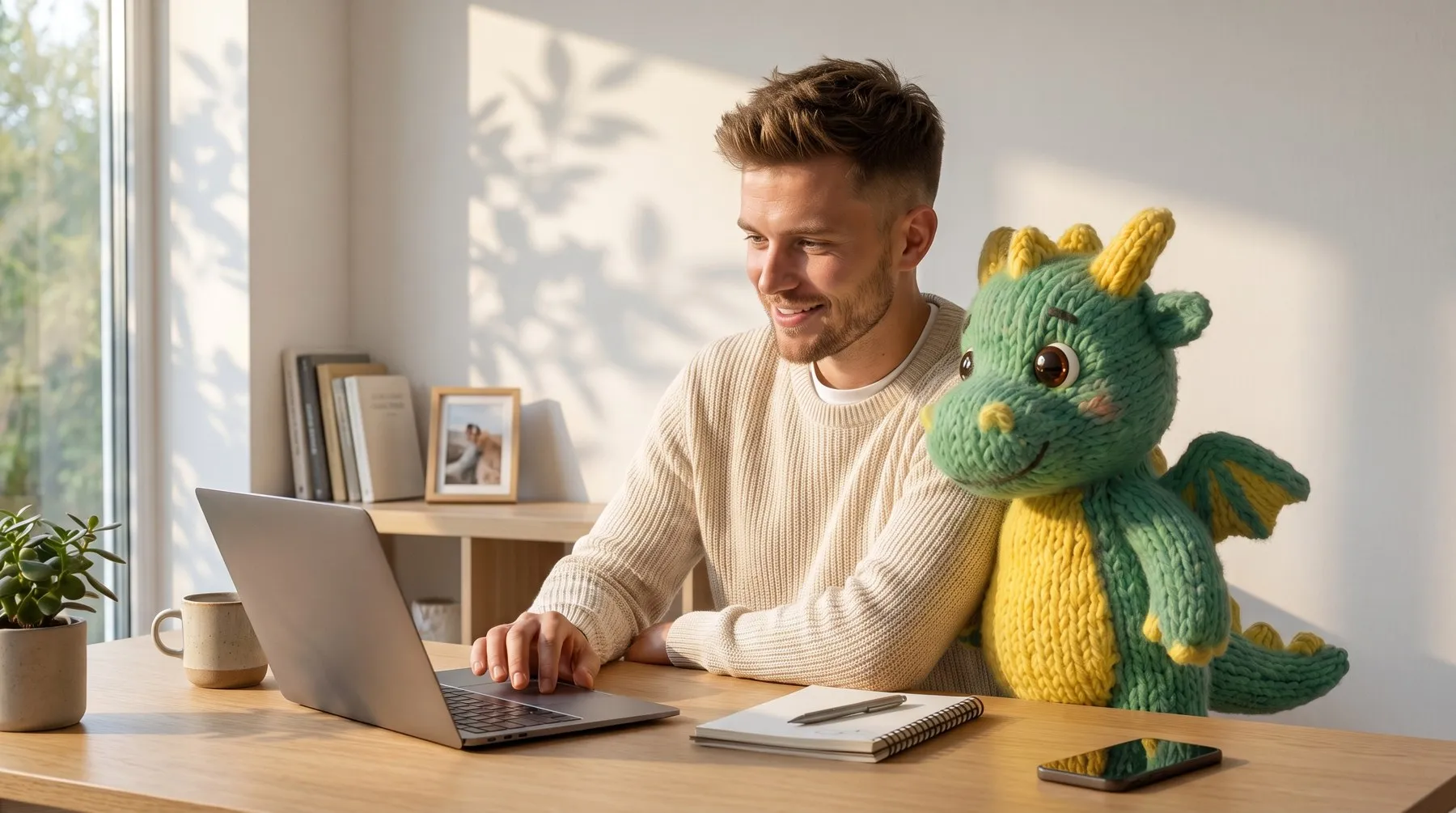 An agency operator at his desk with Weezly beside him, both looking at the same laptop