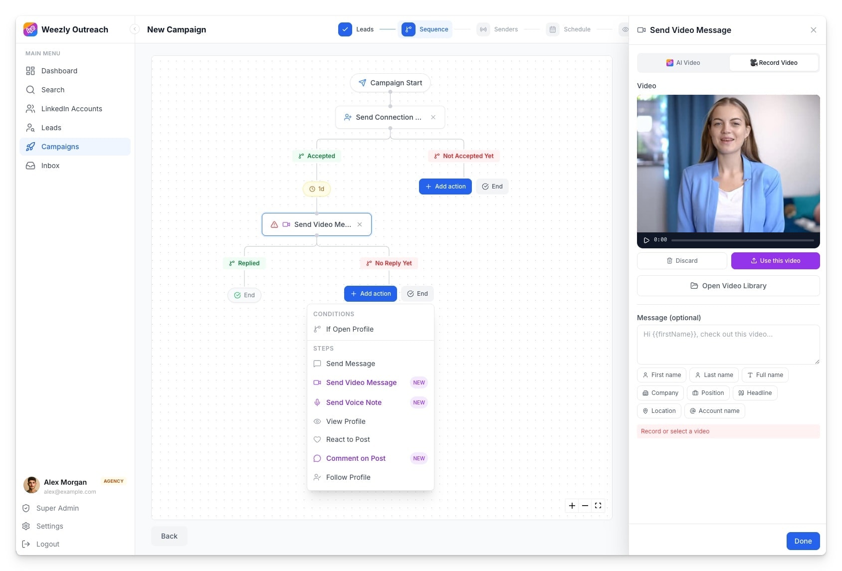 The real Weezly Outreach campaign builder with a Send Video Message step